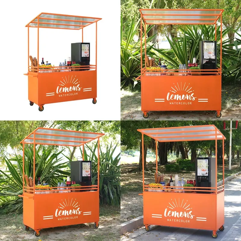 Wrought Iron Mobile Food Cart Snack Booth Display Stand for Night Market Mall Promotion Dining Trolley
