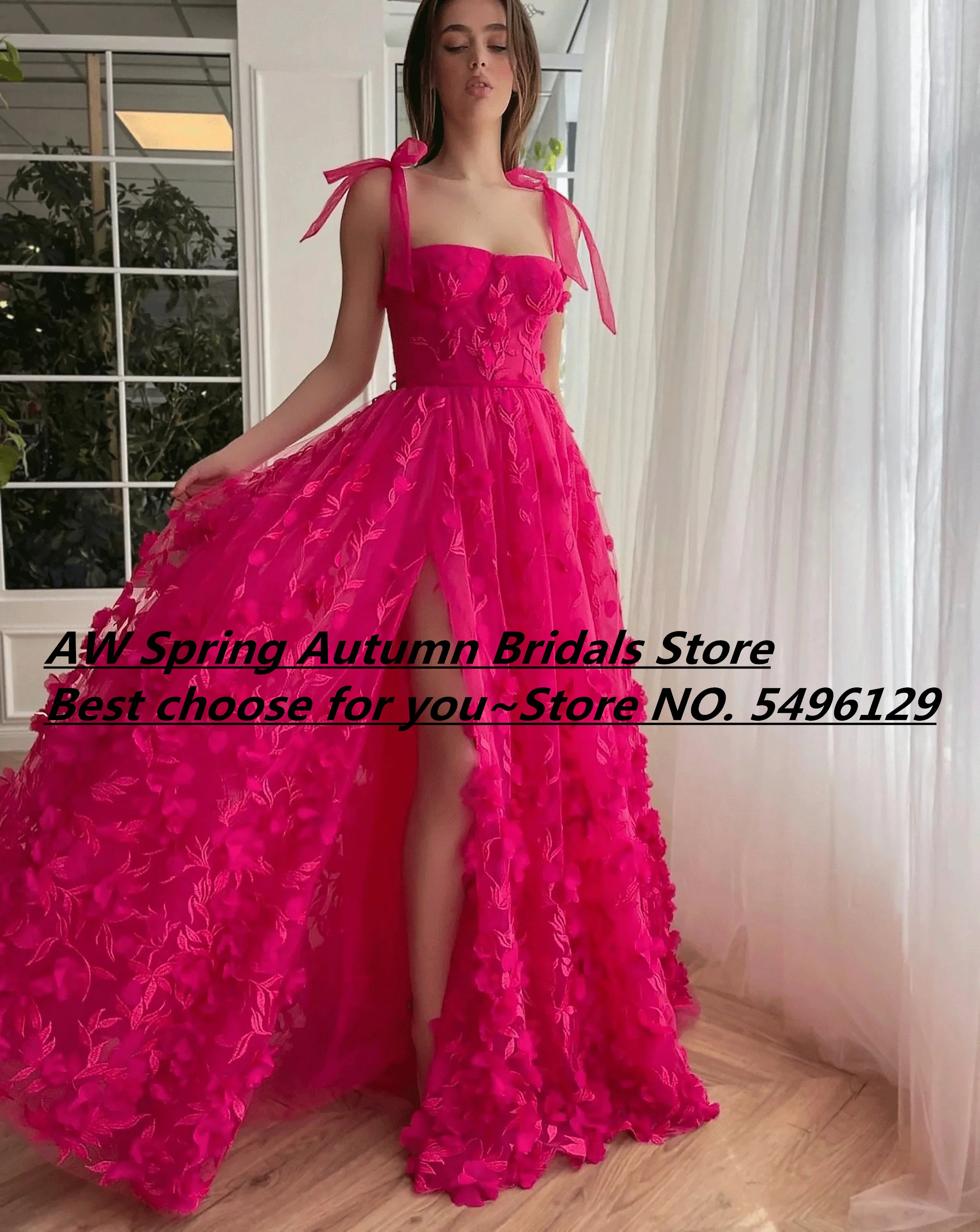 Elegant Lace Fuchsia 3D Flowers Leaves Prom Dresses Sexy Straps High Split A line Boho Fairy Prom Evening Party Gowns 2024