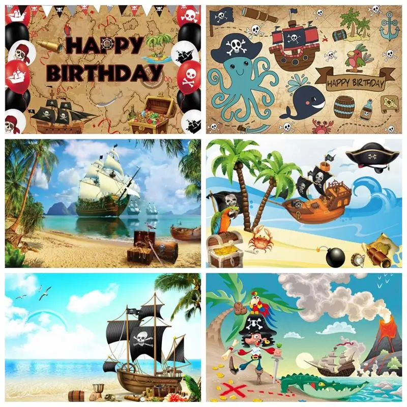 

Laeacco Birthday Photography Backdrops Pirate Ship Treasure Map Fishes Skull Baby Shower Backgrounds Newborn Photozone Photocall