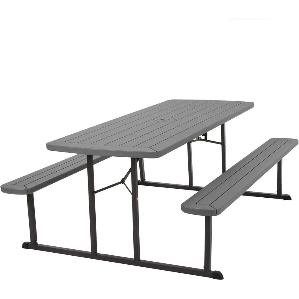 

Gray Wood-Textured Resin Picnic Table with Steel Legs for Outdoor Living, Aged 6 Months