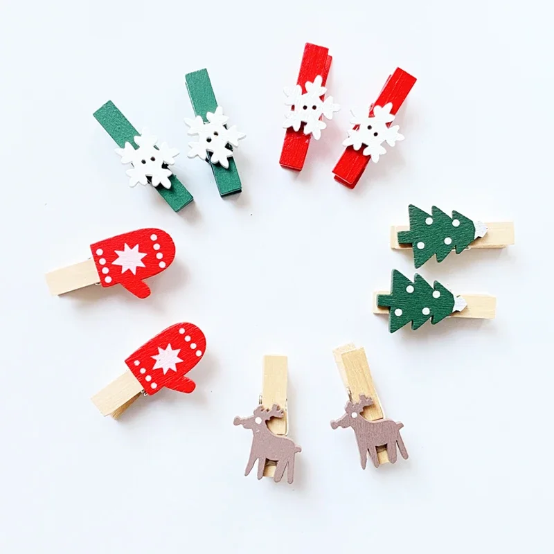 Clips de madera de Navidad para decoración del hogar, pinzas de madera de piezas para árbol de Navidad, copo de nieve, clavijas para fotos DIY, Clips colgantes para favores de fiesta, arte artesanal, 10 Uds.
