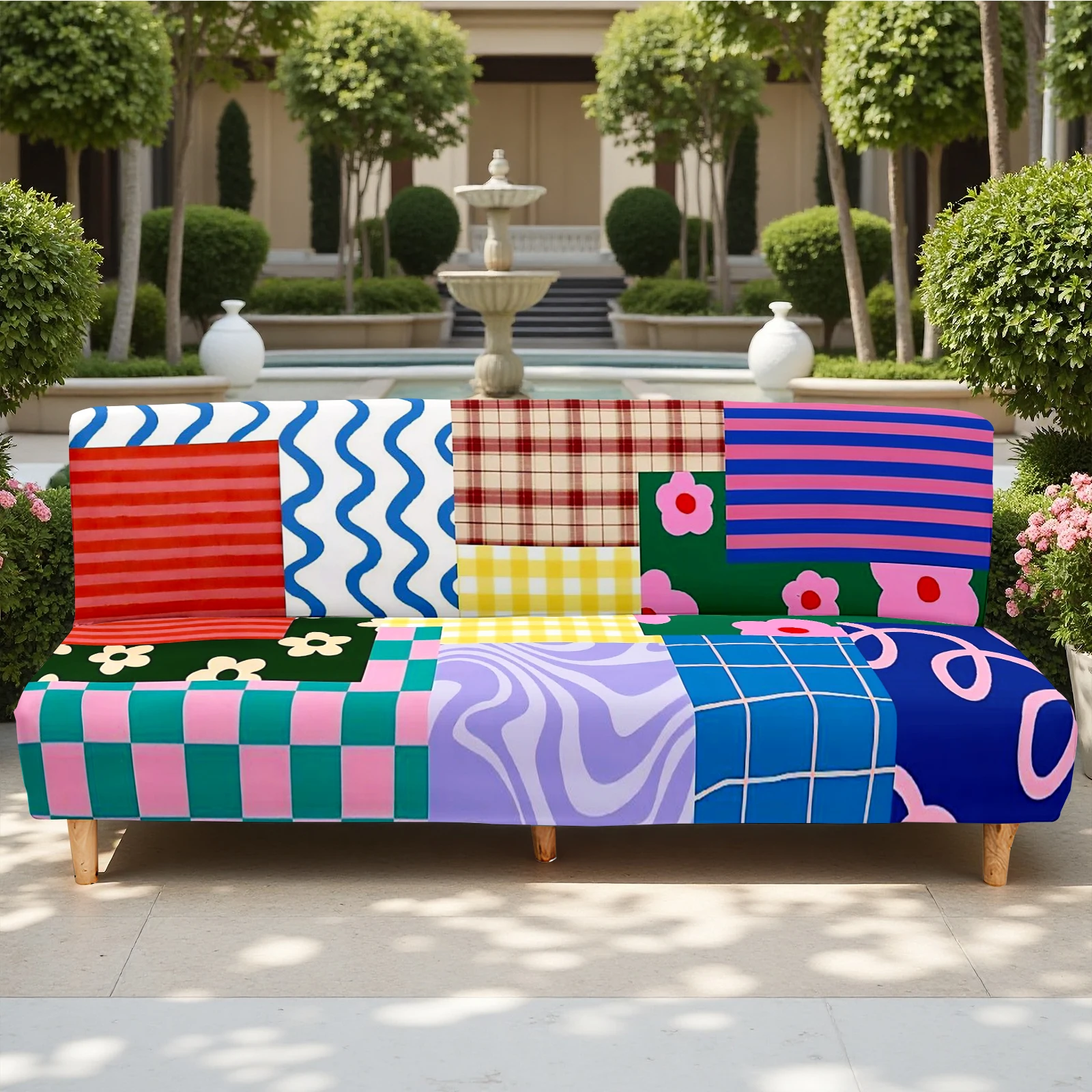 Color - Blocking Pattern Summer Outdoor Sofa Bed Cover, Elastic Milk Silk Sofa Slipcover, Pet - Friendly,