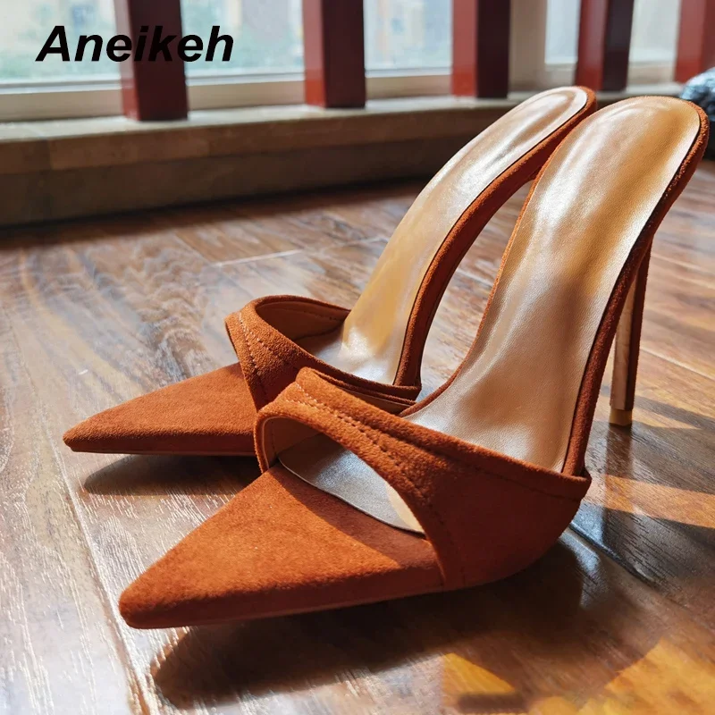 Aneikeh 2024 Sexy Pointed Toe Mule High Heels Slipper Stripper Summer Fashion Faux Suede Slip On Slides Women Party Sandal Shoes