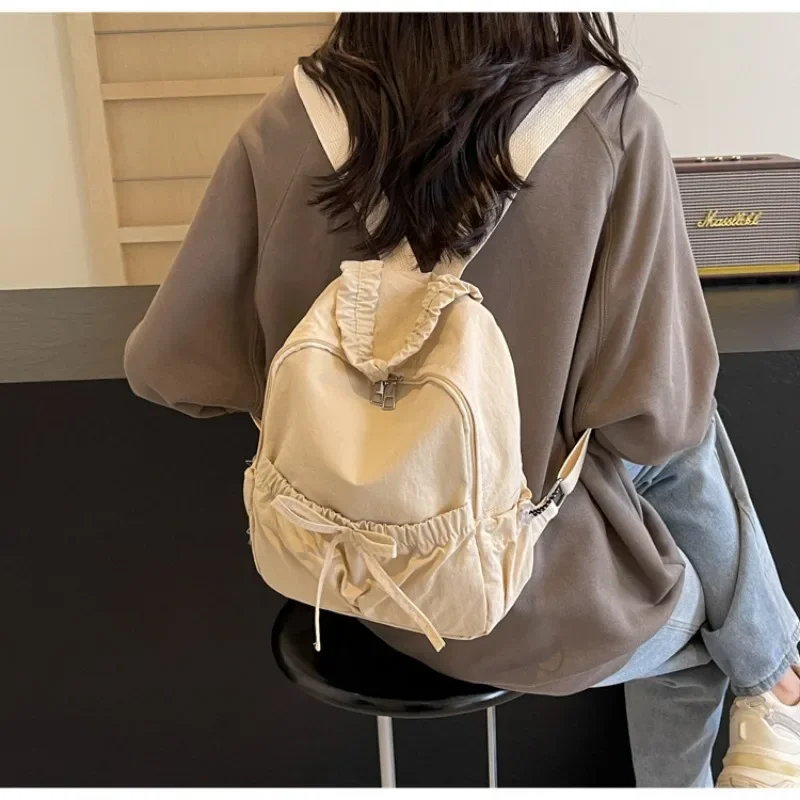 Women\'s Backpack Style Bow Backpack Shoulder Bag Solid Color Simple Versatile Double Back Large Capacity Student Backpack