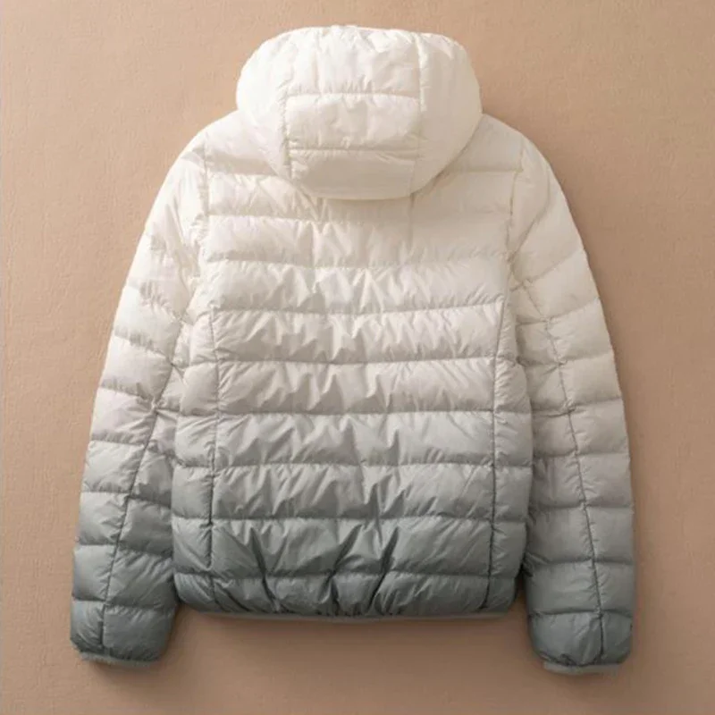 Inverno feminino 90% pato branco para baixo casaco ultra leve oversize puffer jaqueta feminina curto com capuz cor gradiente parkas 2024