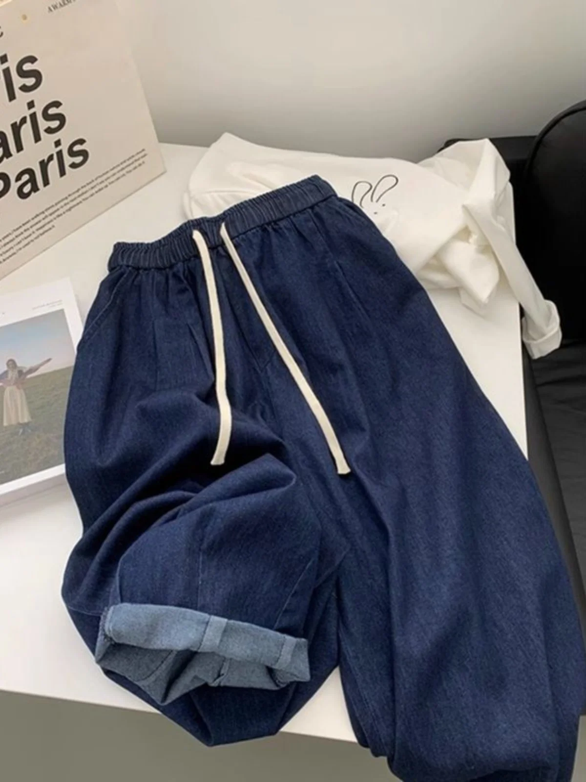 plus Size Women's Loose Fit Slimming Denim Jeans Casual Thin Wide Leg Pants Korean Style High Waist Summer Casual Fashion