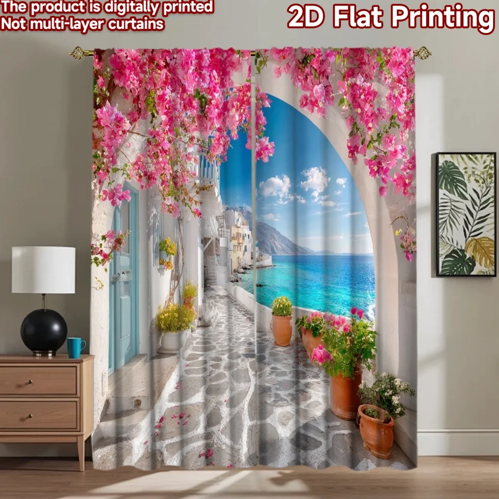 2D flat 2pcs Curtain Retro Country Style Pink Flowers Seaside Arch Durable polyester fiber Birthday Party for Holiday Family