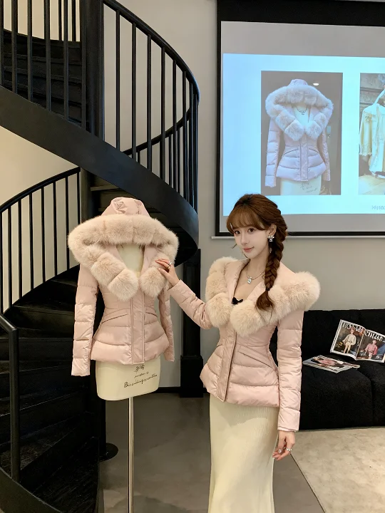 Thickened Short Cotton Jacket Pink Fur Collar Warm Winter Outerwear Women's Fashion Commute Style Regular Fit Long Sleeve Zipper
