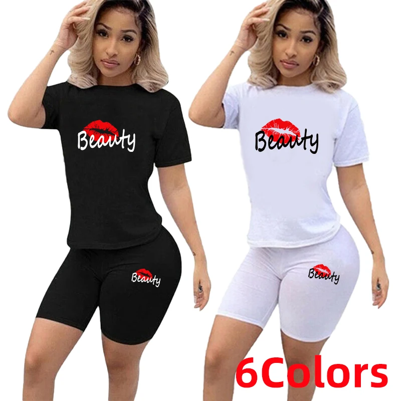 

Summer Women's Casual Yoga Set Six Color Round Neck Red Lip Pattern Short Sleeve Shorts Casual Sports Set Two Piece Set