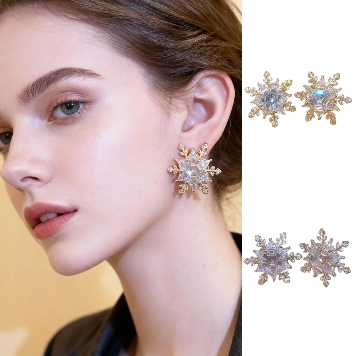 

Winter Collection Zircon Snowflake Stud Earrings Shimmering Luxury Sweet Style Christmas Fashion Essentials Women's Earrings