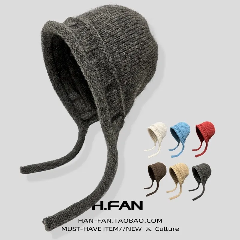 

Ins Ретро однотонные вязаные пуловеры с ремешками для женщин, осенние и зимние теплые универсальные маленькие милые шапочки для показа лица