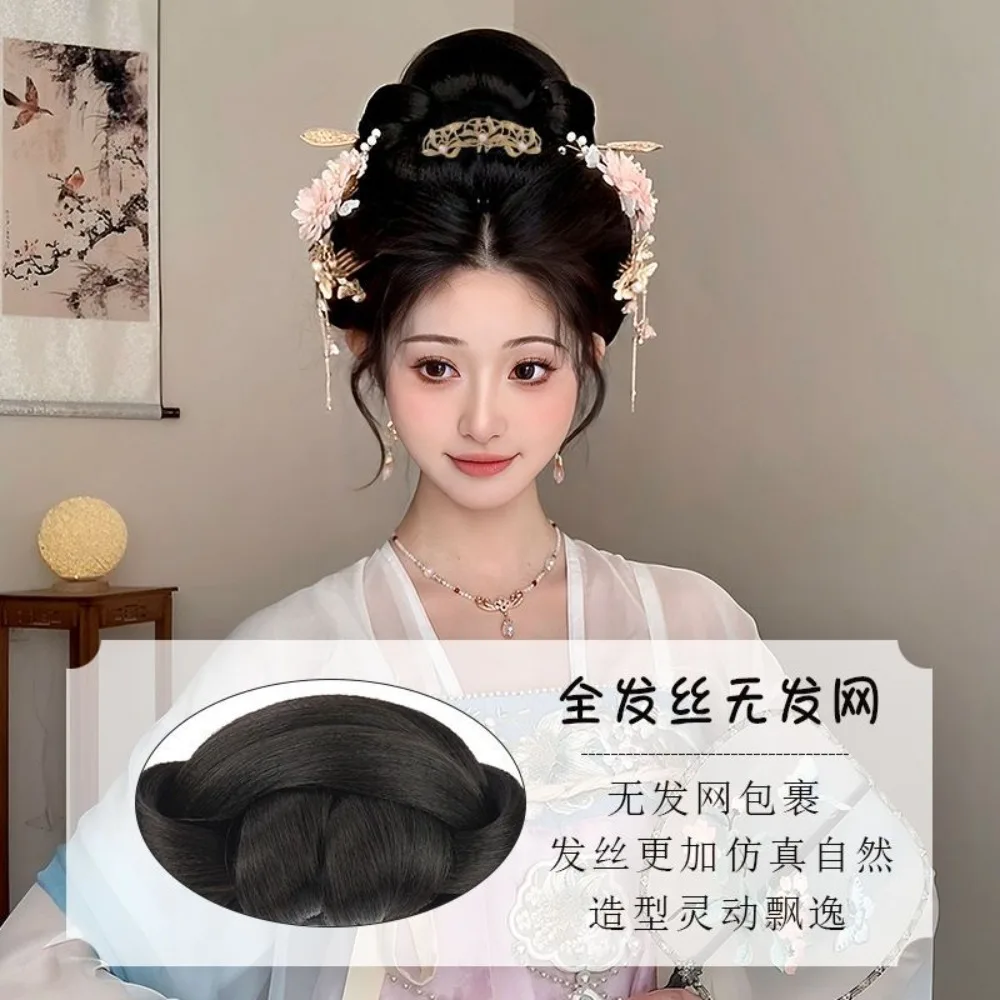 Traditionele Chinese Hanfu-pruik - Volledig haar Zijde Luie knot Opgestoken voor vrouwen Oud kostuum Haarstukje Chinese oude haaraccessoire