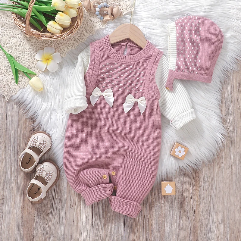 

Newborn Baby Rompers Knit Infant Girl Jumpsuit Cute Bows Autumn Kid Clothes Hat Child Overalls 0-18M Outfit Warm Long Sleeve 2pc