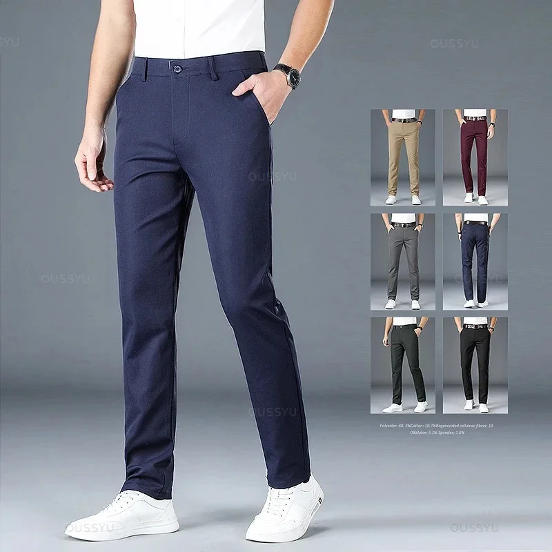 

Spring Summer Suit Pants Men Business Fashion Black Blue Solid Color Slim Straight Work Formal Trousers Male Large Size