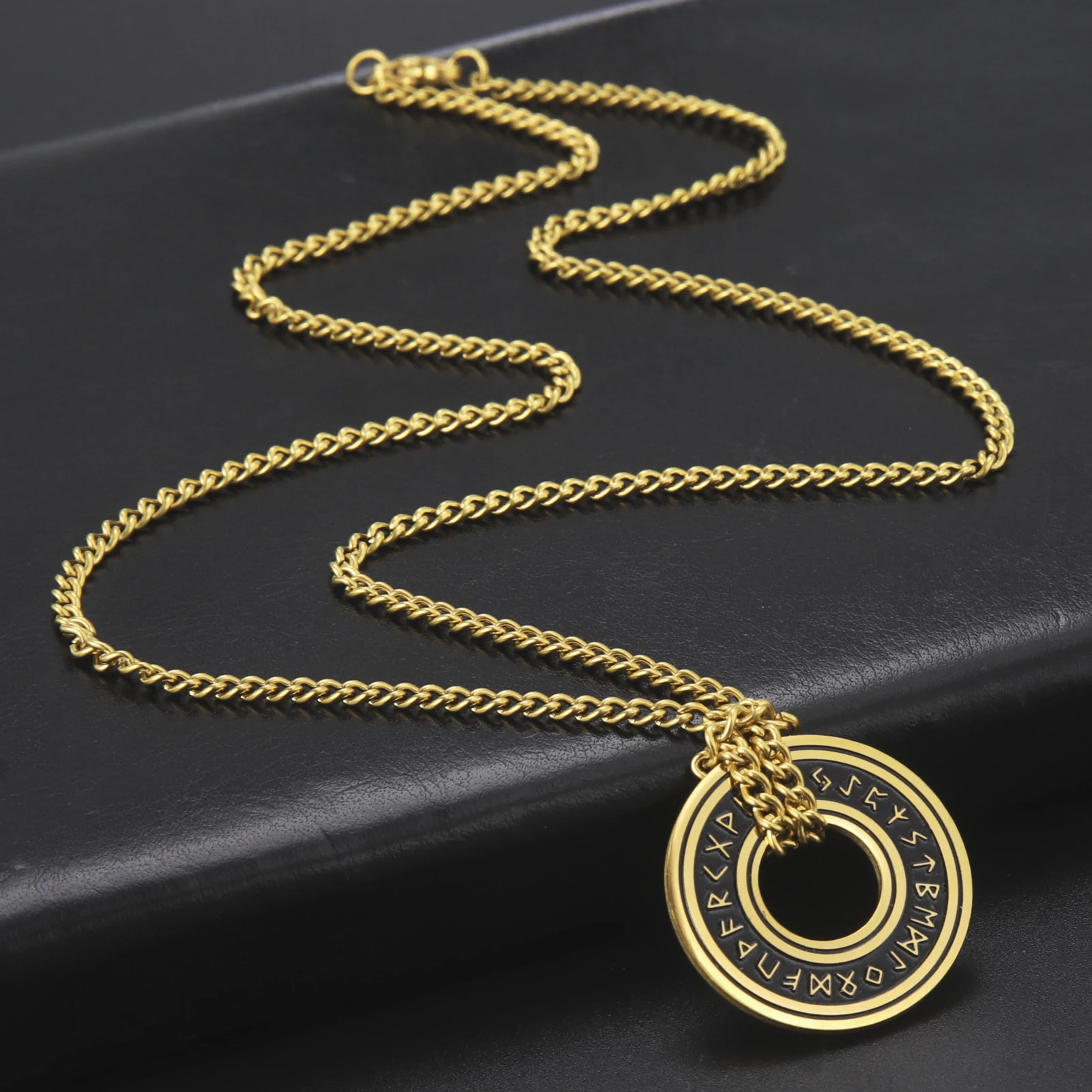 Skyrim Nordic Runes Round Pendant Necklace Men Stainless Steel Long Rope Vintage Amulet Protective Elder Futhark Jewelry Gift