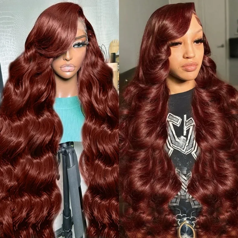 

13x4 13x6 200 Density Reddish Brown Body Wave Frontal Preplucked Wig Brazilian Remy Hair HD Transparent Lace 100% Human Hair wig