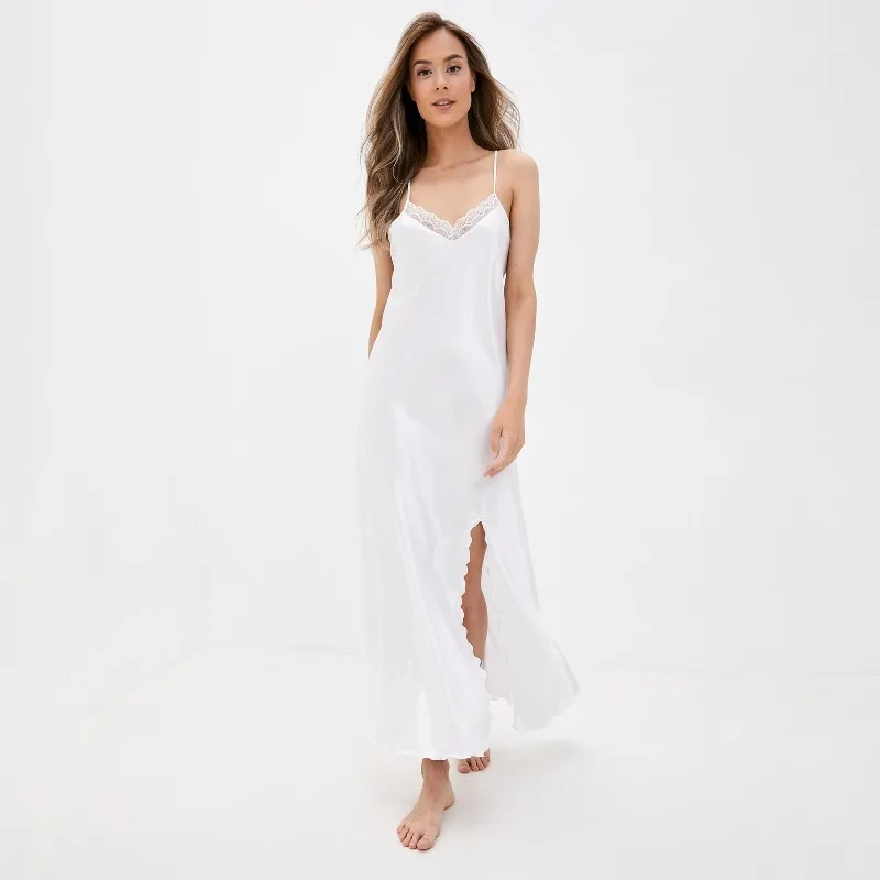 Lace Long Suspender Nightgown with Backless & Side Split Design – Soft Breathable Elegant Home Loungewear