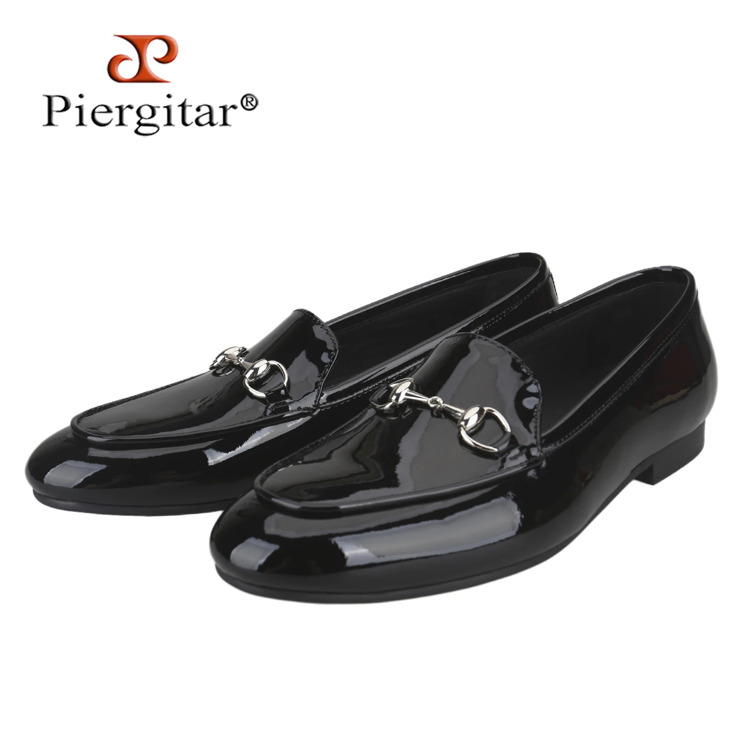 Piergitar Black Patent Leather Men's Loafers With Classic Horsebit Slip-On Smoking Shoes For Wedding And Formal Occasions Wear