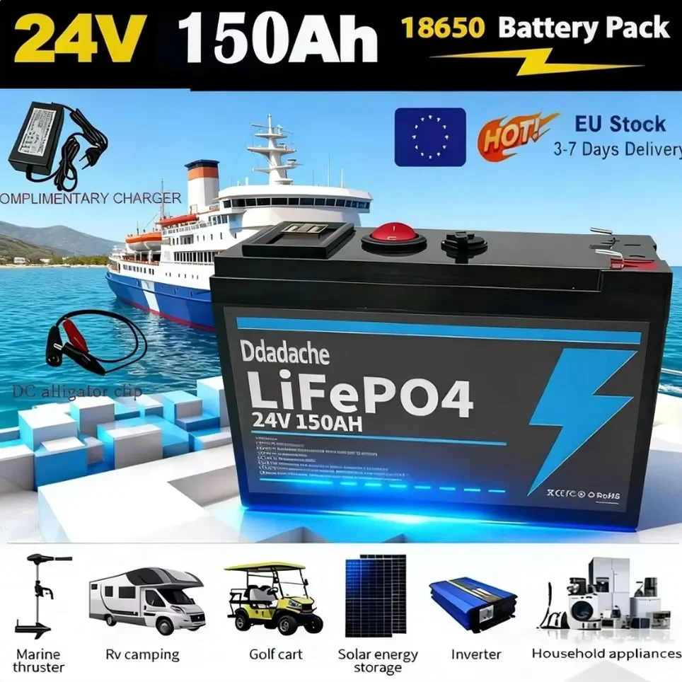 Batterie au lithium 18650 24V 150 ampères-heure rechargeable pour véhicule électrique solaire + chargeur 25,2 volts 2 ampères, batterie d'alimentation adaptée pour machine de désherbage, sous-batterie