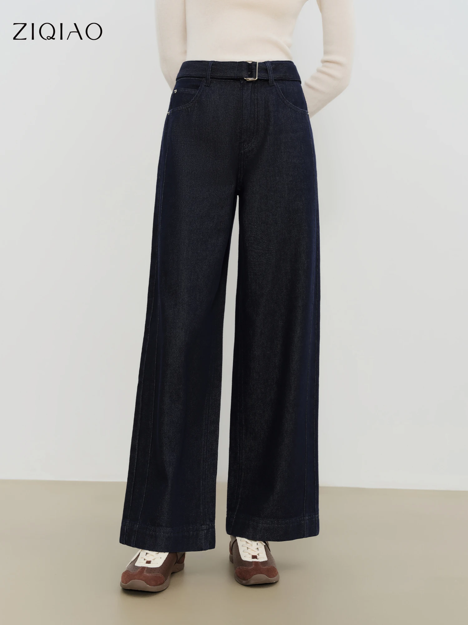 

ZIQIAO Eco-Friendly Colorfast Dark Retro Wide-Leg Denim Pants for Petite Women 2025 New Arrival Straight Leg Pants Fashion Jeans