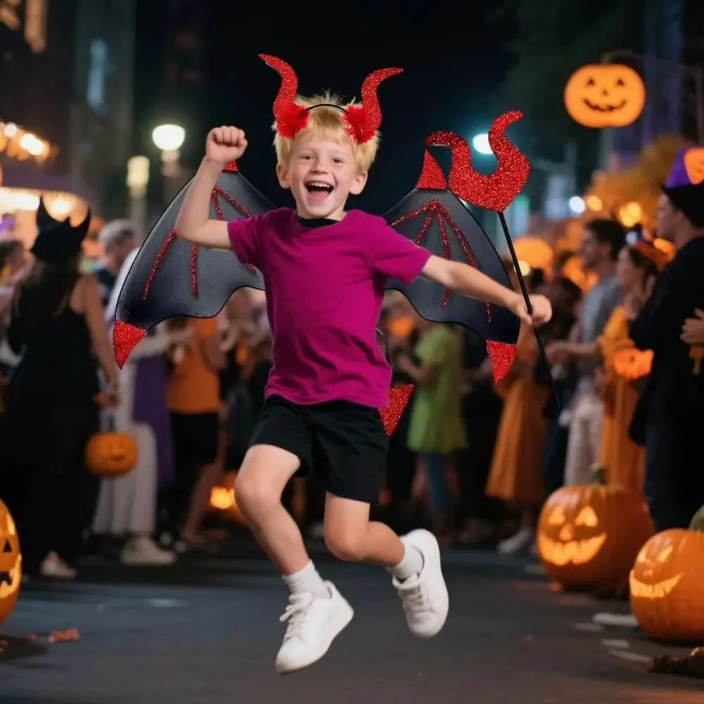 

3 шт./компл., забавный реквизит для косплея на Хэллоуин, повязка для волос с рогом демона, крылья летучей мыши с хвостом, аксессуары для костюмов на Хэллоуин, палочка для вечеринки