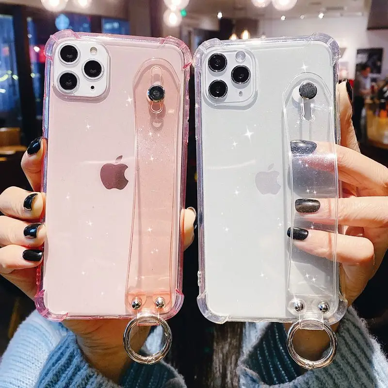 

Transparent Glitter Wrist Strap Phone Case For iPhone 11 12 13 14 Pro Max X XR XS Max 7 8 Plus SE 2020 Kickstand Cover