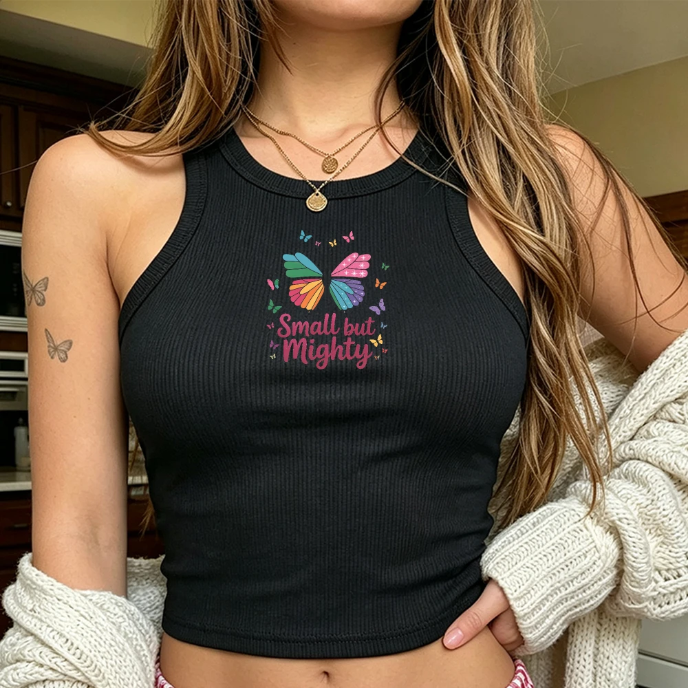 Small But Mighty Rainbow Butterfly Tank Top Summer Ribbed Sleeveless Tee Aesthetic Streetwear Women Y2K Cute Graphic Vest