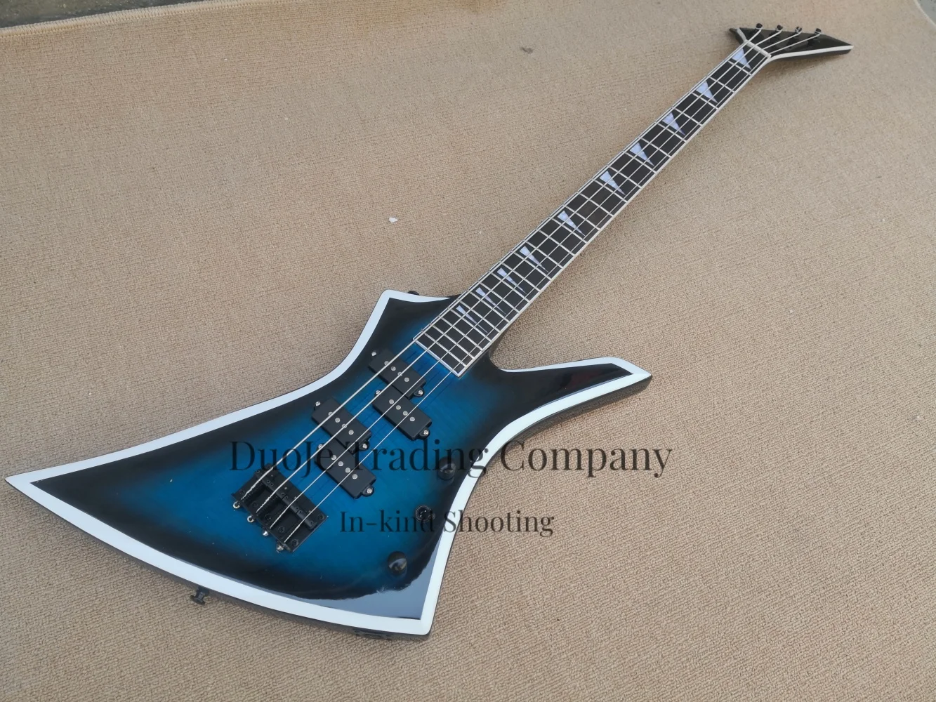 4 strings blue bass guitar, solid wood body flamed maple top, fixed bridge, 4 pickups, active, customizable