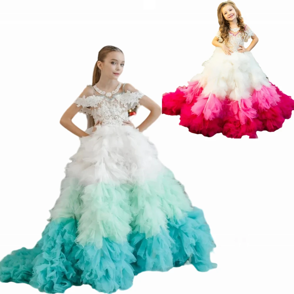 

Luxury Flower Girls Dress for Wedding Dresses Guest Kids Tiered Tulle Ball Gown Birthday Party Pageant Dress First Communion