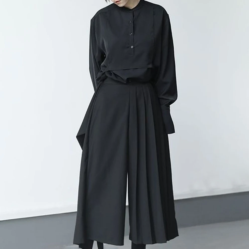 Darkness Versatile Slim Pleated Nine-Point Wide-Leg Pants Unisex Double-Layer High-Waisted Loose Tight-Waisted Straight Culottes