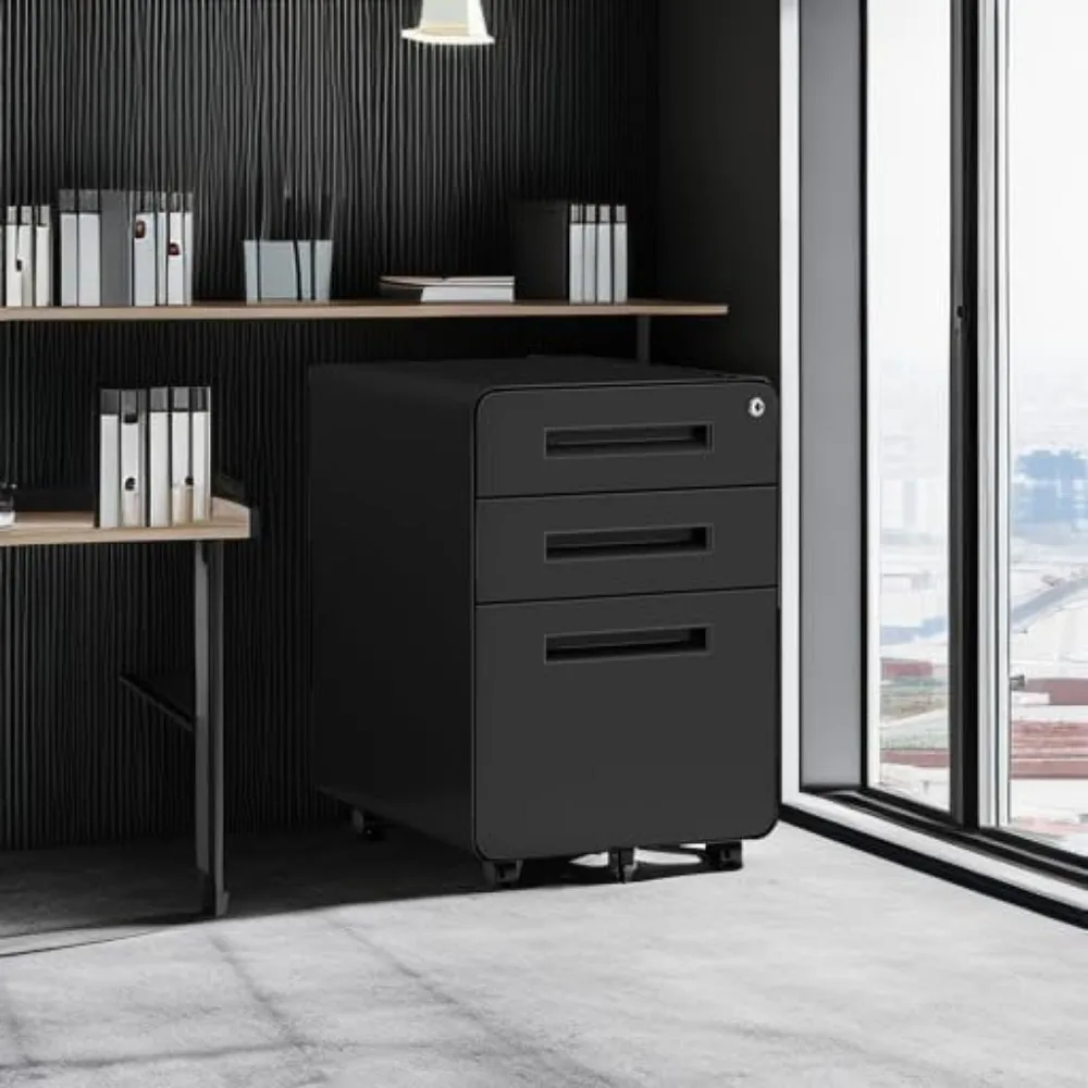 

Mobile Filing Cabinet 3 Drawer, Rolling Small File Cabinet with Keys Under Desk, Modern Black Filing Cabinet for Home Office