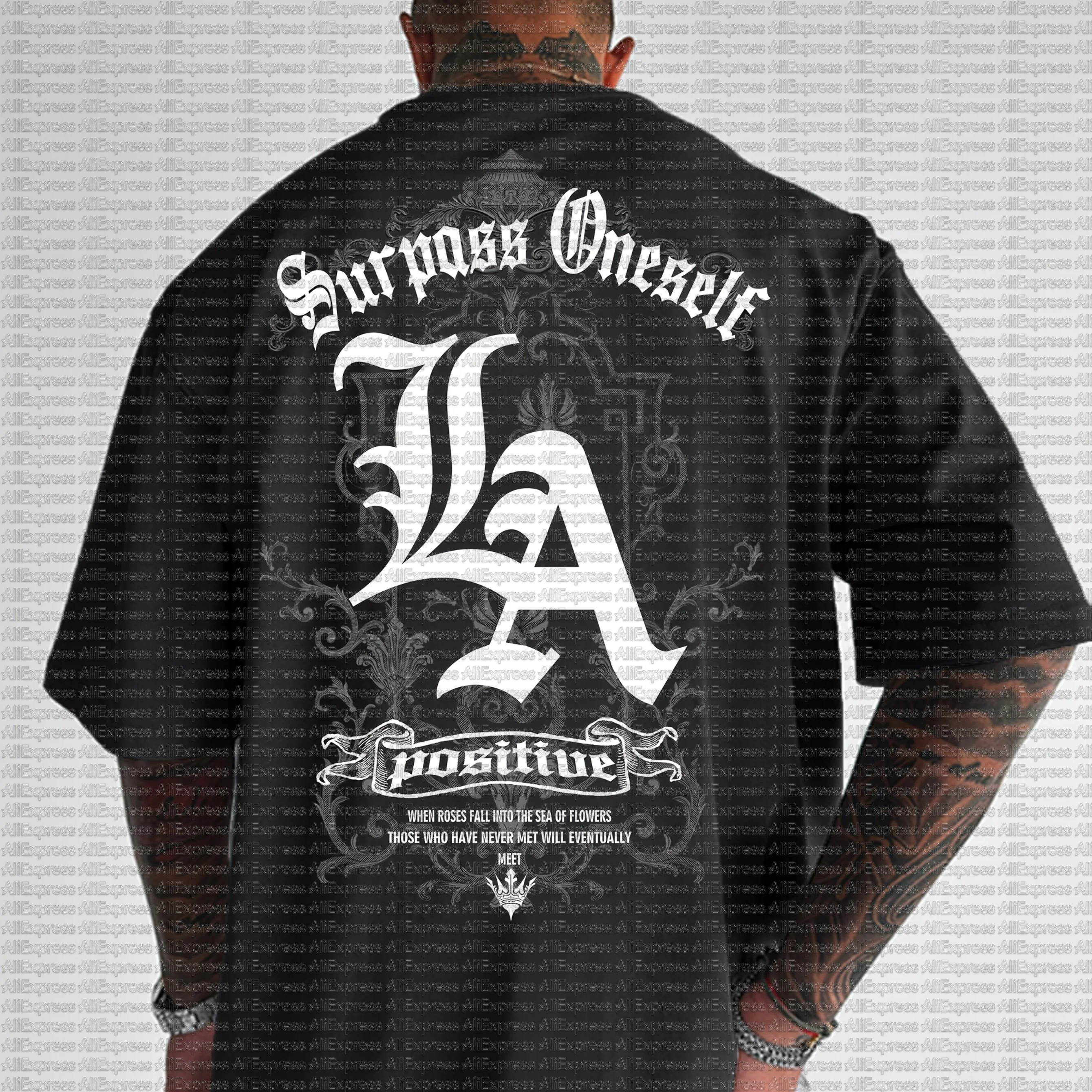 تي شيرت رجالي صيفي سريع الجفاف عصري كاجوال رياضي فضفاض من الخلف كبير مطبوع عليه حرف LA برقبة دائرية وأكمام قصيرة