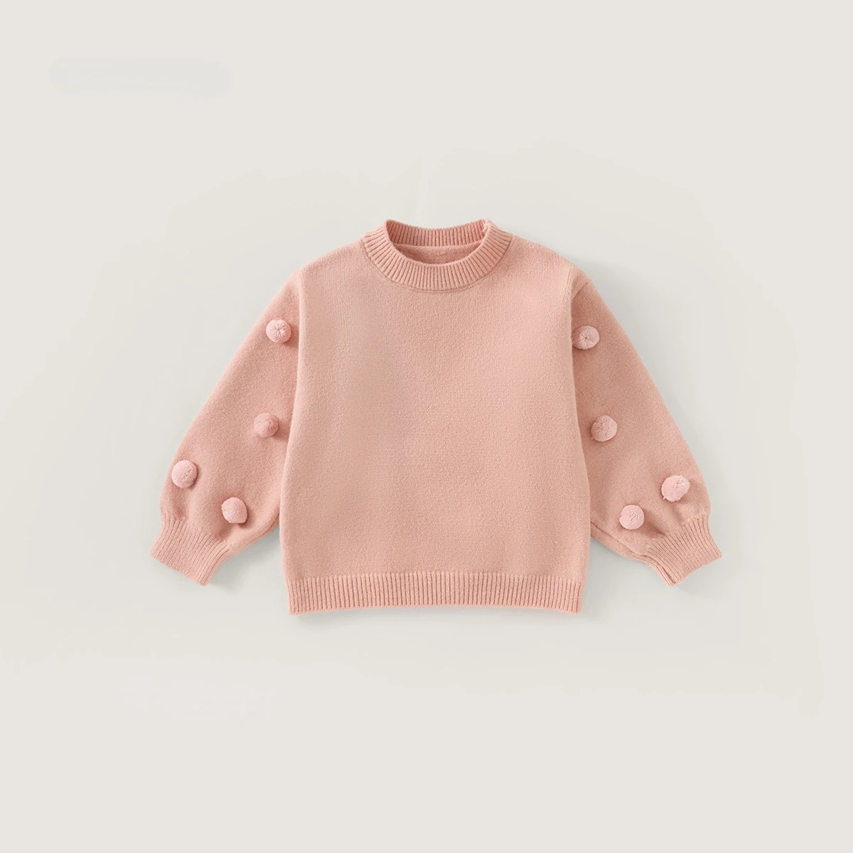 Autumn Winter Girls Pom‑pom Decor Pullover Sweater Soft Knit Top Pink Round Neck Warm Jumper for Little & Medium Kids