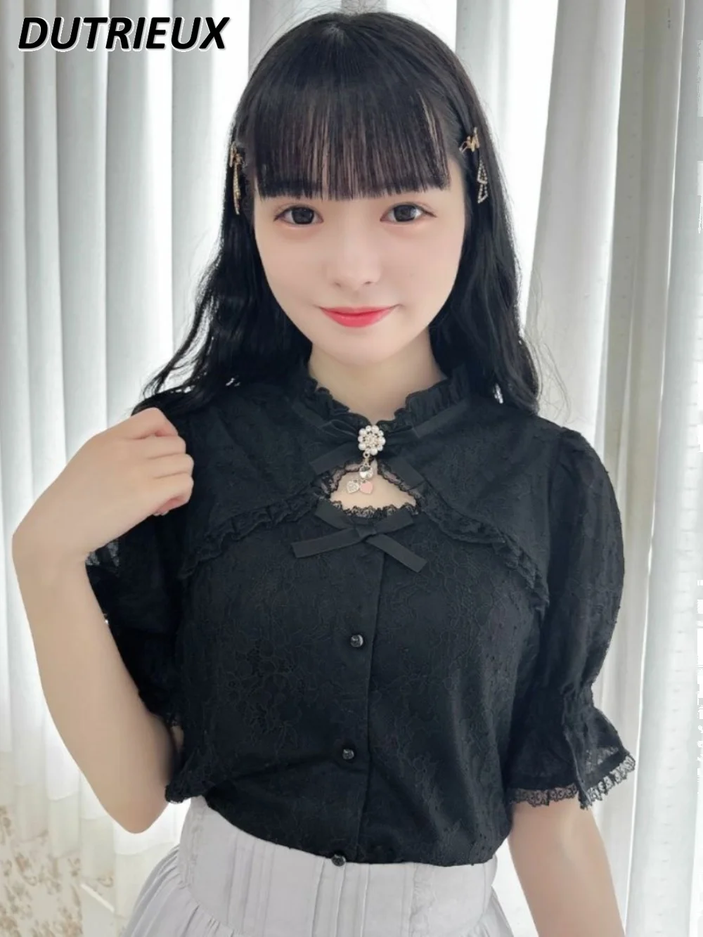 Japanese Style Summer Women's Tops Stand-Collar Hollow-out Bowknot Puff Sleeve Shirt Female Fashion Casual Elegant Blouse