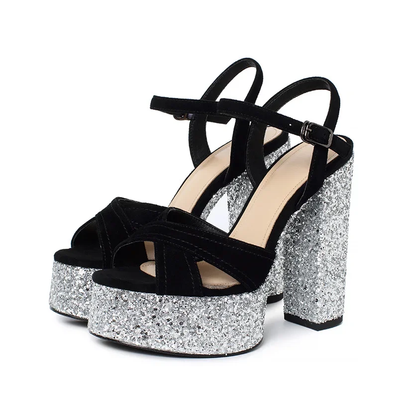 

Silver Sequined Cloth Female Sandals Velvet Platform Zapatos Para Mujeres Ankle Strap Women Shoes Belt Buckle Ladies Tacones