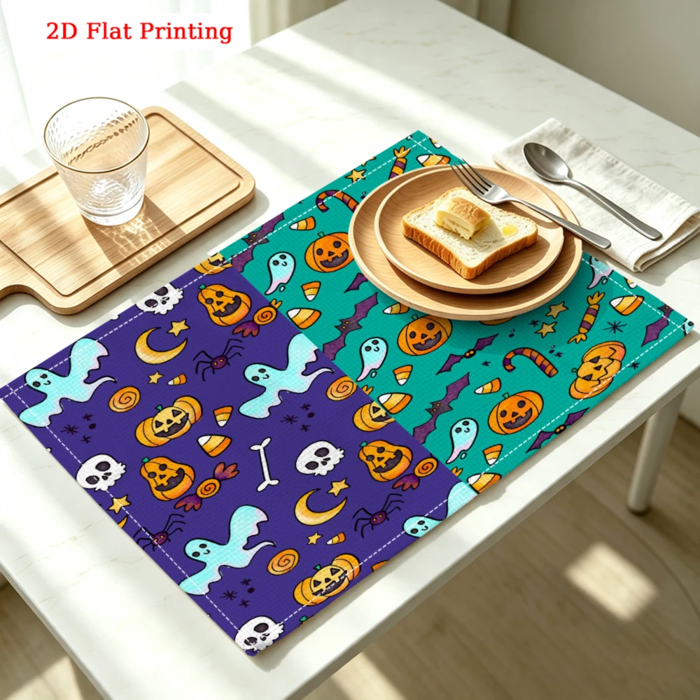 1pc Halloween Placemat Purple Green Ghost Pumpkin Skull Table Mat Kitchen Dining Decor Party Use 30x40cm