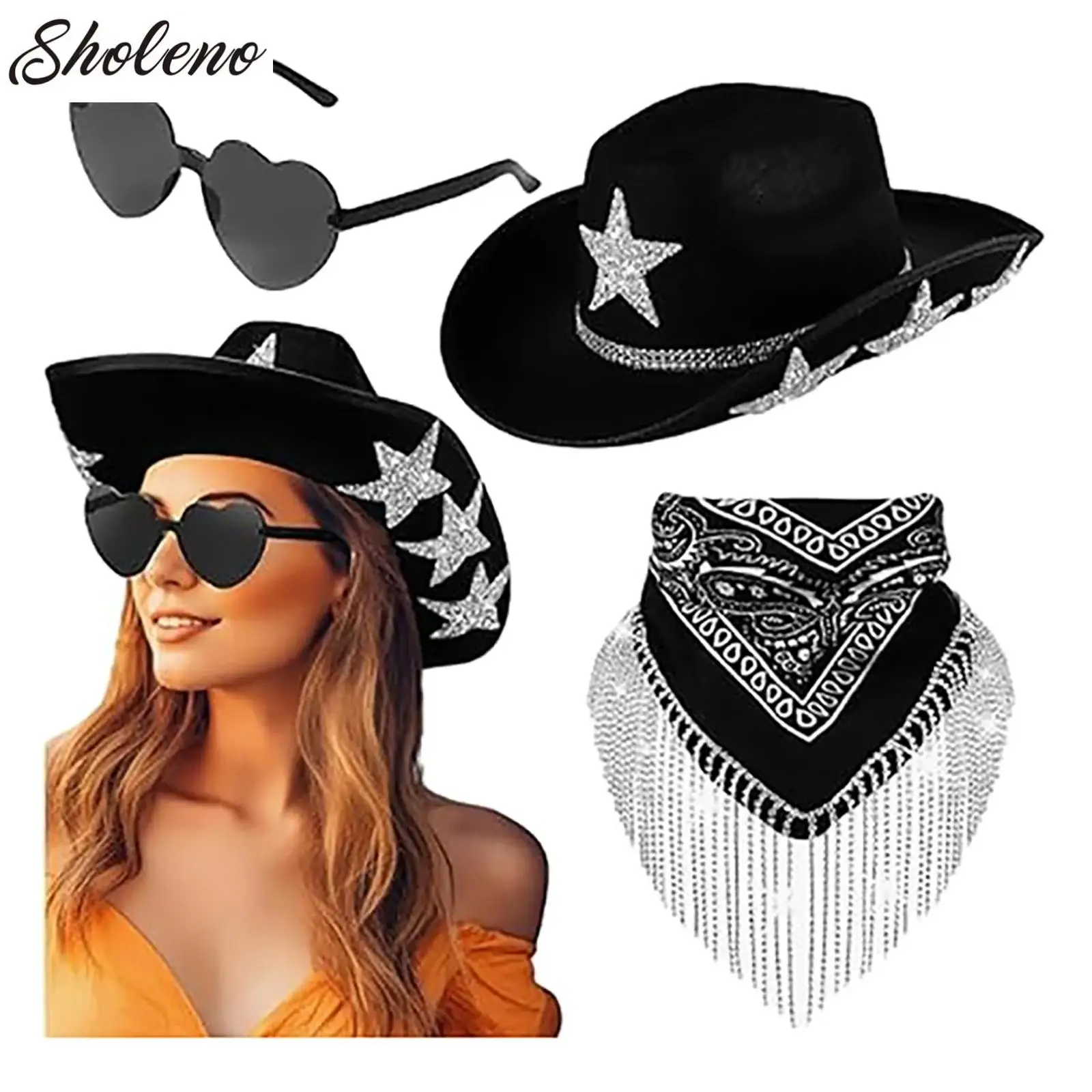 Western Cowboy Hat Glasses Bandana Set 3-piece Cowgirl Accessory Bachelorette Bridal Party Halloween Costume