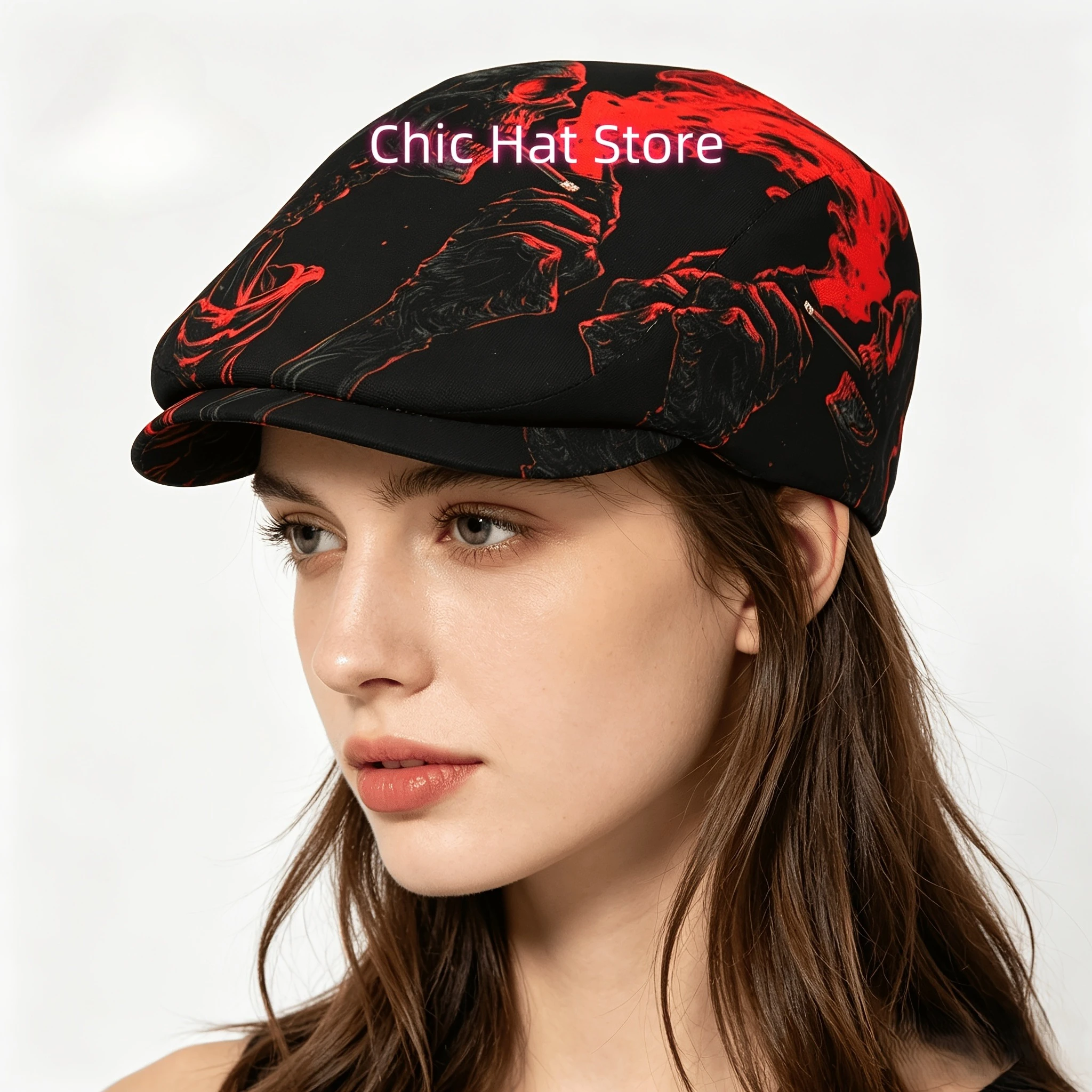 1pc Smoking Skull with Red Smoke All-over Print Flat-top Hats for Men and Women, Newsboy Caps, Berets, Irish Hats, Driver Caps,