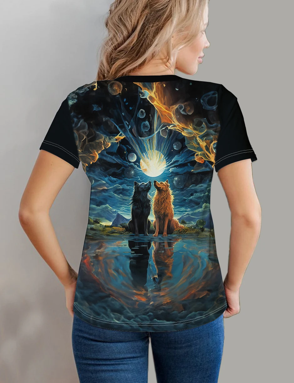 Two Wolf T-shirts， Casual Crew Neck Short Sleeve Top For Spring & Summer, Women's Clothing