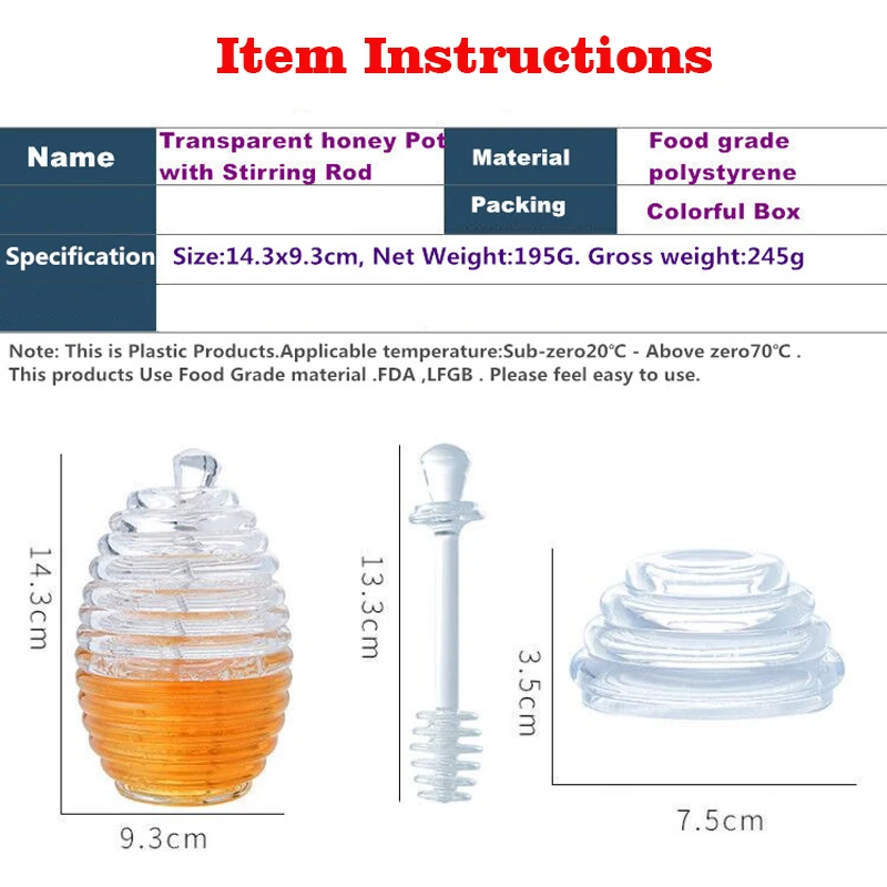 Beehive Shaped Honey Pot with Stirring Rod Transparent Acrylic Honey Jar Kitchen Liquid Syrup Storage Container