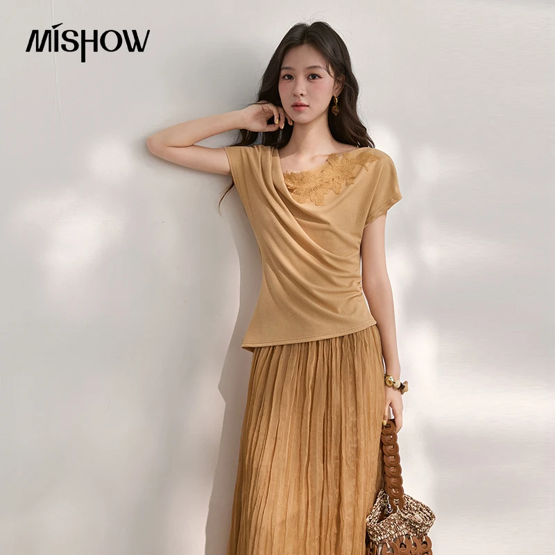 MISHOW Women's Orange Draped Cowl Neck Dress 2026 Summer Lace Applique Ruched Fake Two Piece Pleated Mesh Midi Dress MXF31L2801