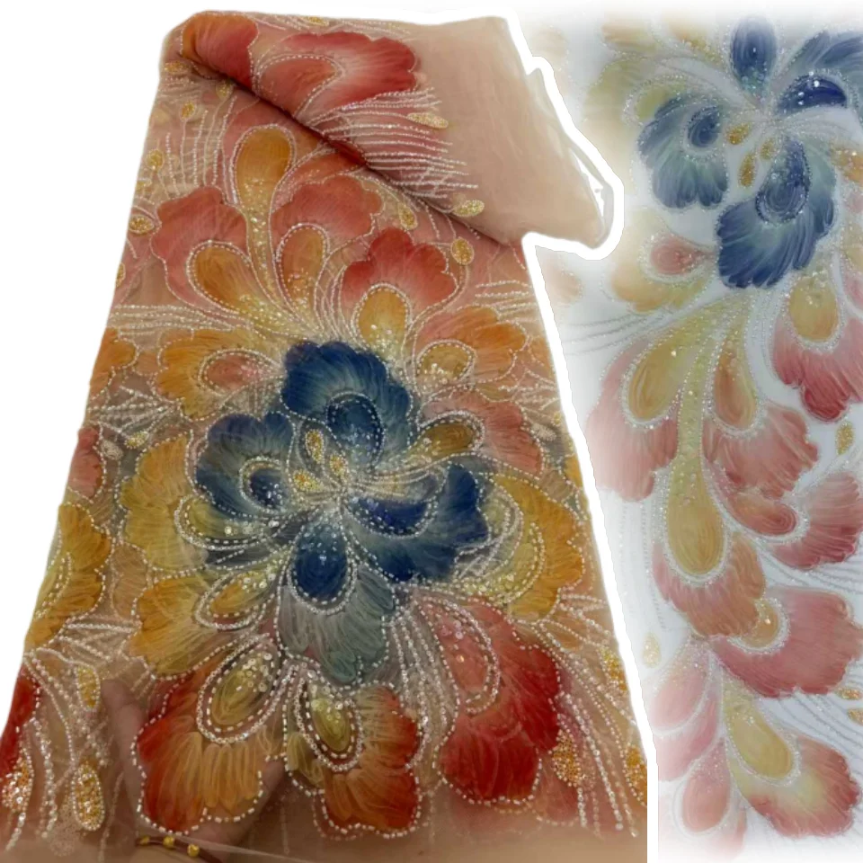 

African Fabric Fashion 2025 Hot Sale 3D Embroidery Sequins Lace with Beads Rich Nigerian Fabric for Evening Party Dress SZ1729