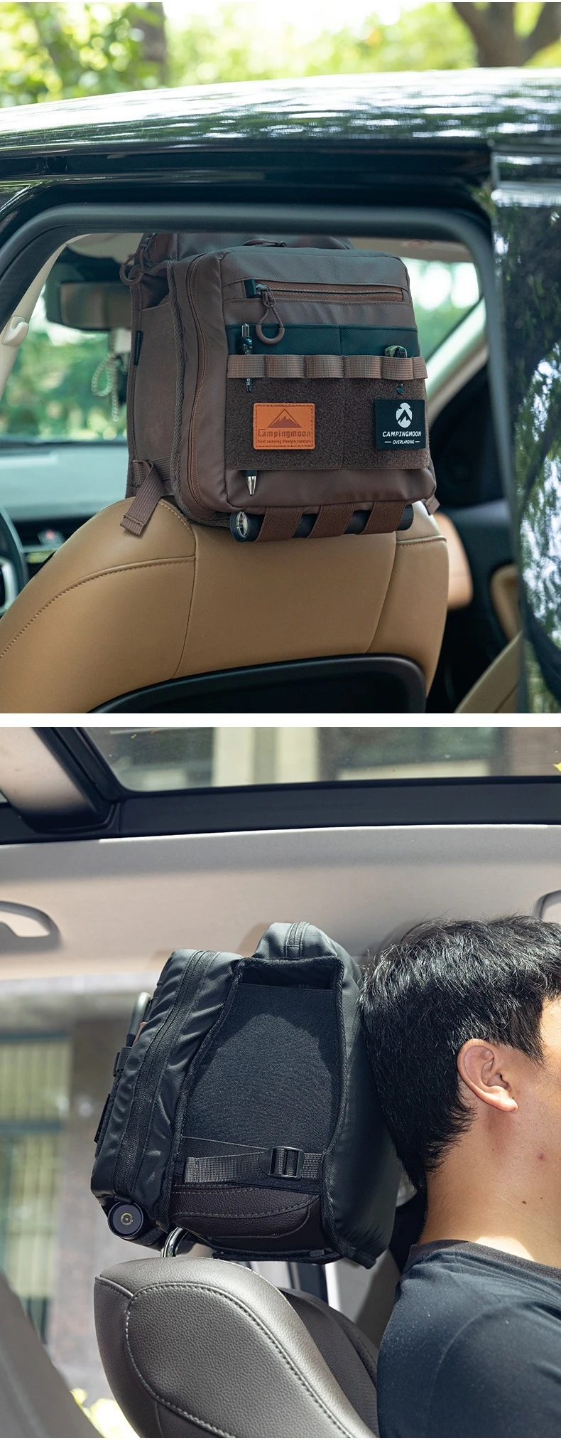 CAMPINGMOON Günstige Schwarze BK-PL Multifunktionale Kopfstützen-Tasche für Autositze mit Brillenfach und Integriertem Aufbewahrungsorganizer – Detail 14