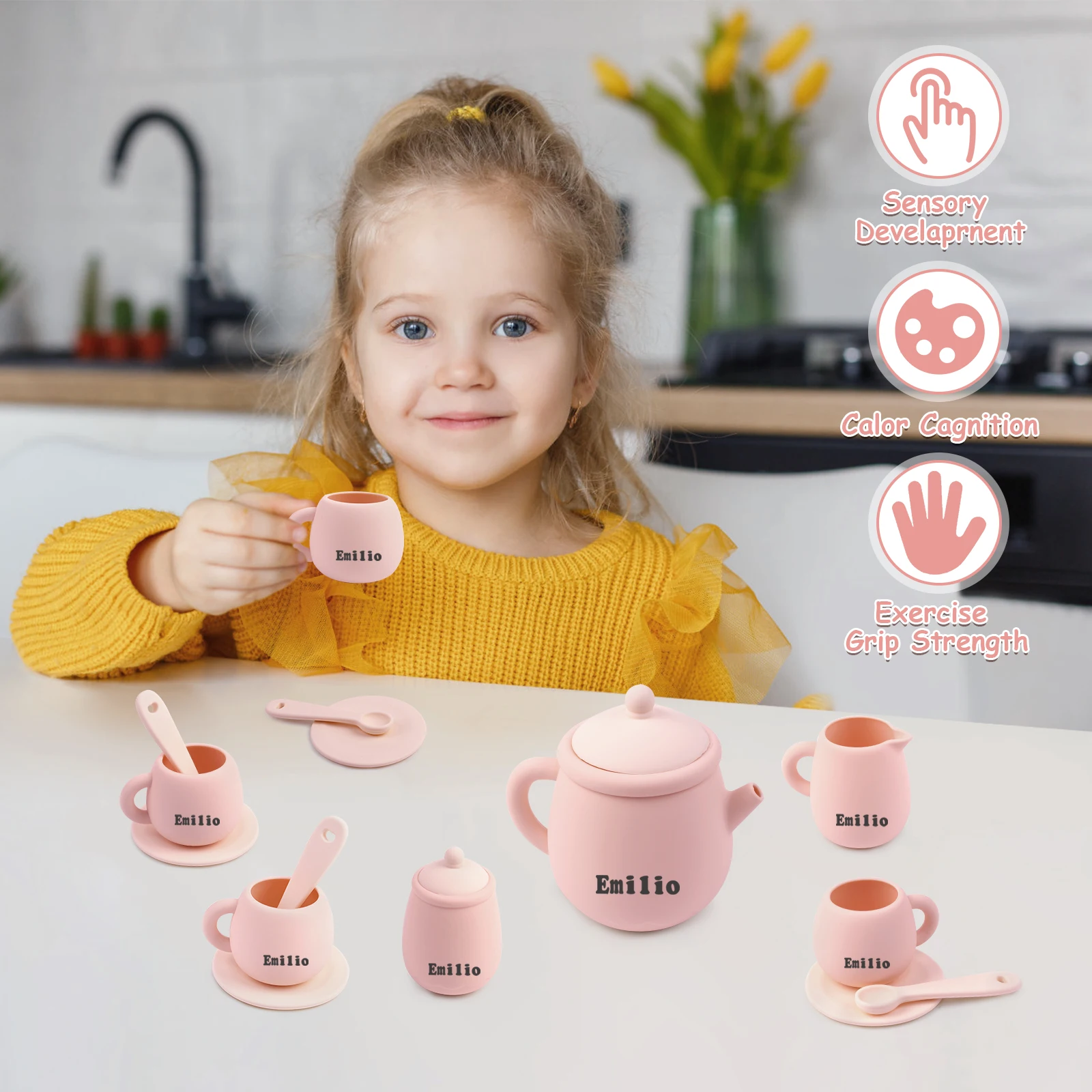 TYRY.HU 7PCS/Set Silicone Toddler Toys Tea Set For Little Girls And Boys 100% Food Silicone BPA Free Tea Set For Kids Tea Time