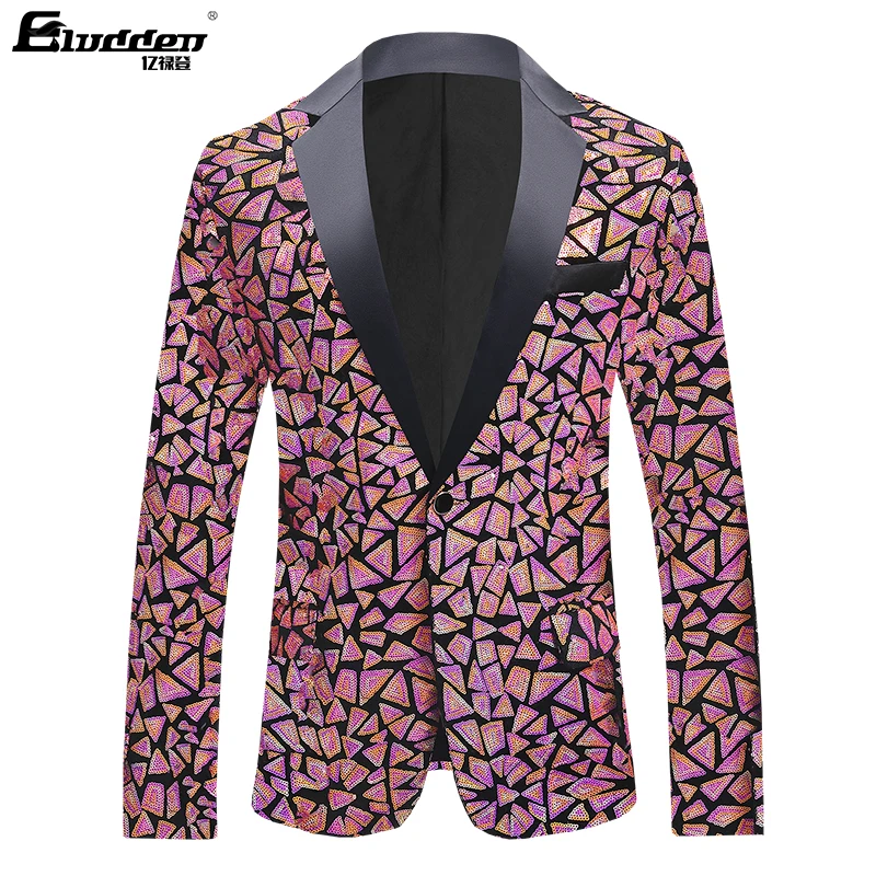 Men Colorful Triangle Sequins Fashion velvet fabricEmbroidery Sequin Blazer Masculino Men Suit Stage Singer Costume Shiny Blazer