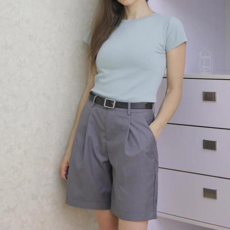 Vintage feminino solto casual preto de cintura alta ternos formais, shorts retos, harajuku feminino, shorts monocromáticos, todo o jogo, tamanho