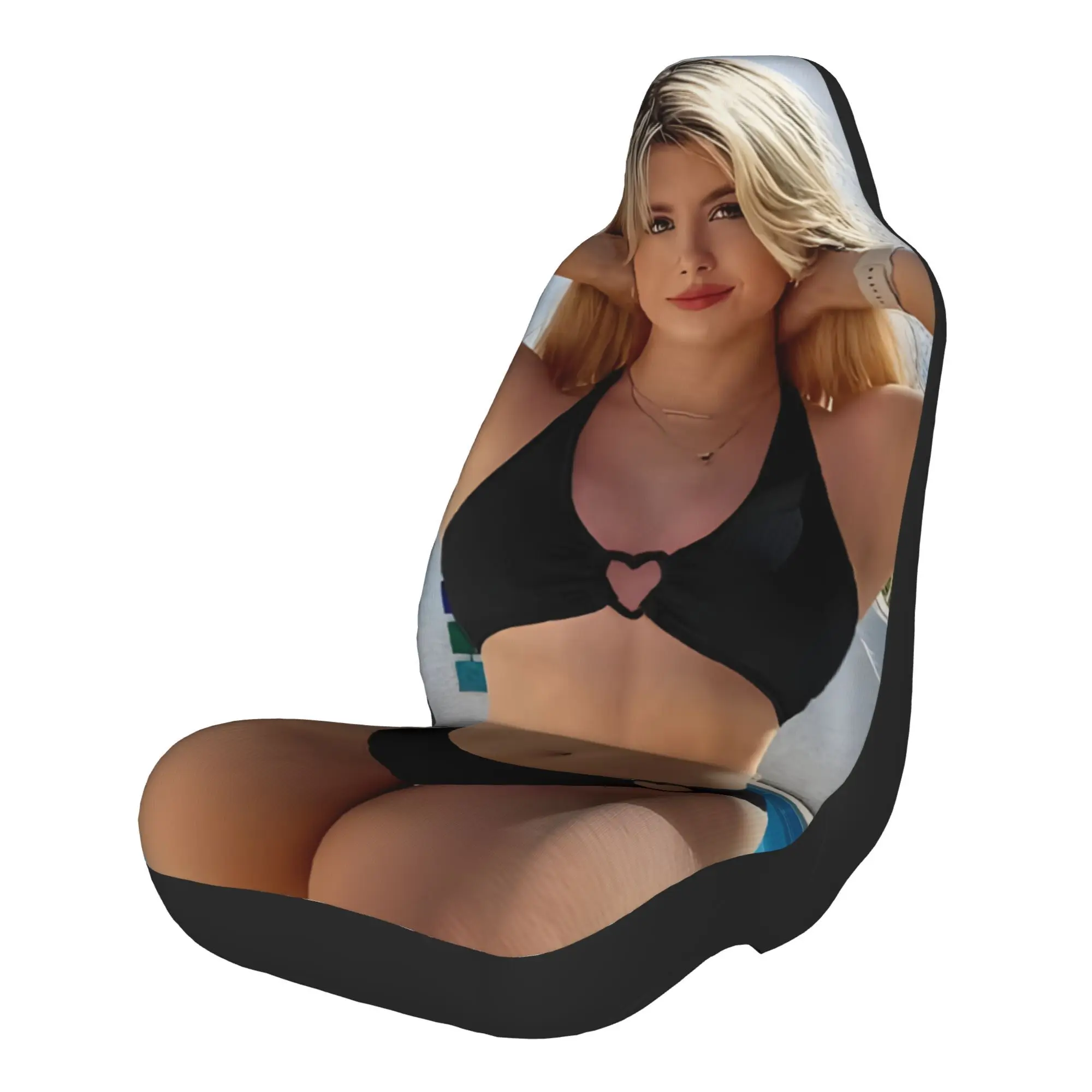 2pcs Sun-Kissed Beauty In Black Bikini Posing Confidently By The Poolside Car Seat Covers, Suitable For All Car Models, Birthda