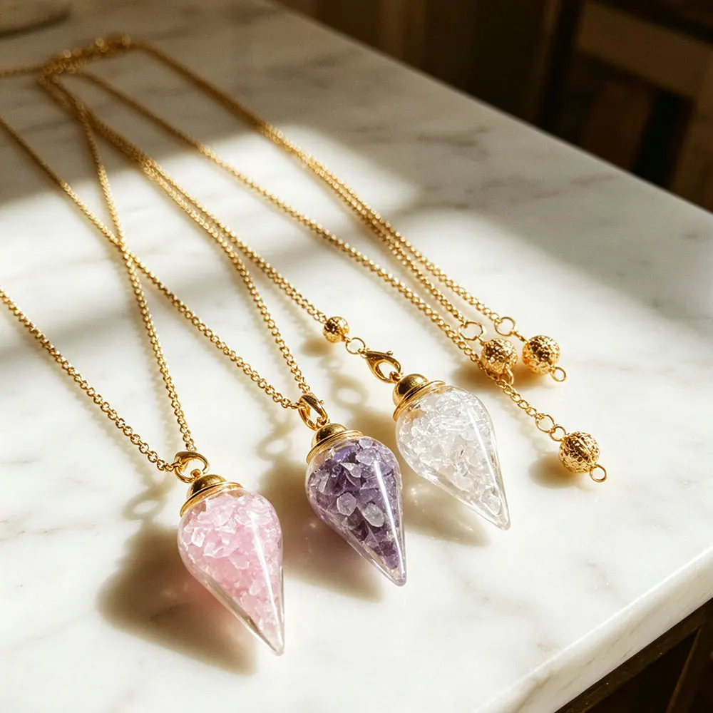 Openable Glass Wishing Bottle Crystal Gem Stone Pendulum for Divination Gold Color Water Drop Amethysts Pink Quartz Pendulo x435