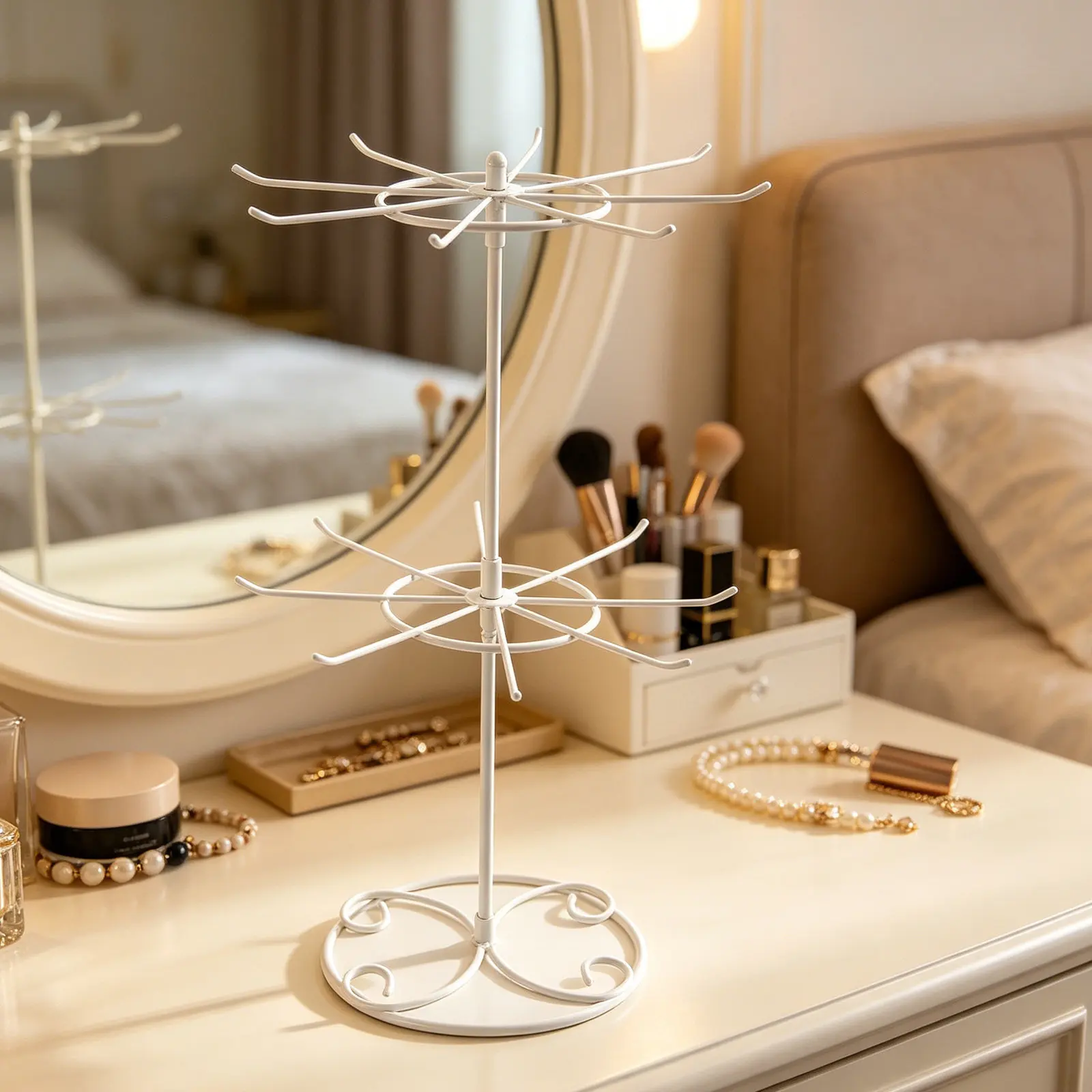 2 Tier White Metal Jewelry Display Rack Rotating Necklace Holder Organizer 16 Hooks Jewelry Showcase Spinning Stand
