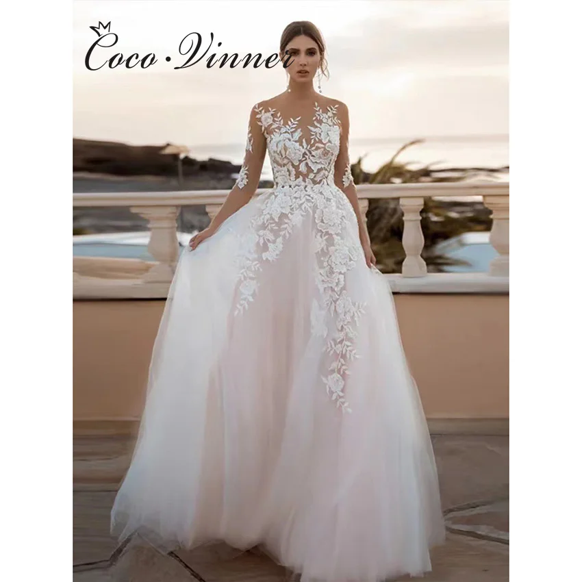 

Customized Illusion Sleeves Boho A line Country Wedding Dresses For Woman Lace Emboridery Appliques Civil Bridal Dress W1244